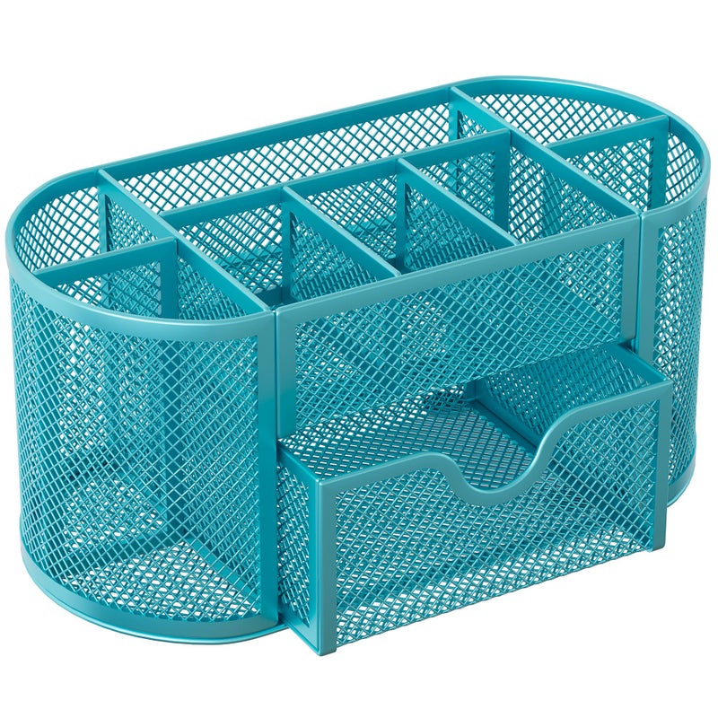 EasyPAG Mesh Pen Holder Desk Organizer with Drawer Stationery Supplies Organizer for Dorm School 9 Compartments Workspace Desk Accessories Organization for Office, Blue - Image 2